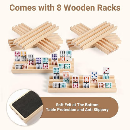 Mexican Train Dominoes Set with 8 Wooden Trays/Racks, Double 15 Dominos Travel Set with 8 Tiles Holders, 136 Tiles Double 15 Colored Dominoes Game Set with Zippered Case for Family Kids