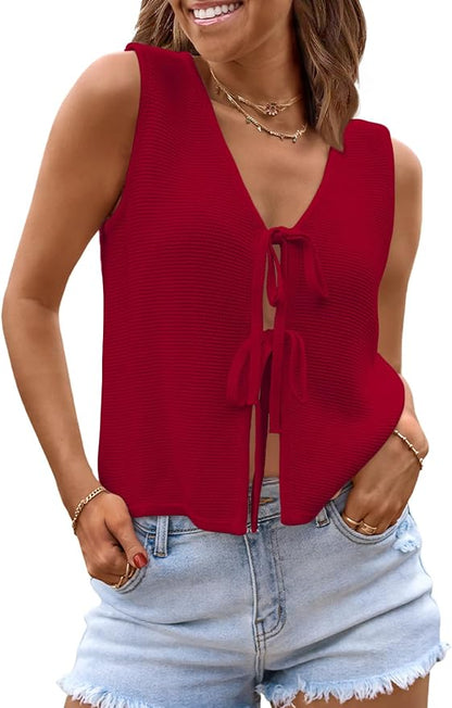 LILLUSORY Womens Tie Front Tops Vacation Sweater Vest | Bohemian Style, Beach Resort Wear, Concert Western Outfits, Crochet Tops, Vacation Outfits, Cute Y2k Sleeveless 2026