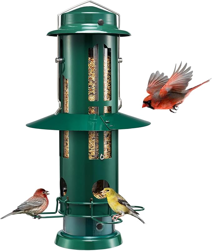Kingsyard Squirrel Proof Bird Feeders with Weight-Activated Perches, Metal Wild Bird Feeder for Outdoors Hanging, 3 lb Large Seed Capacity, Green