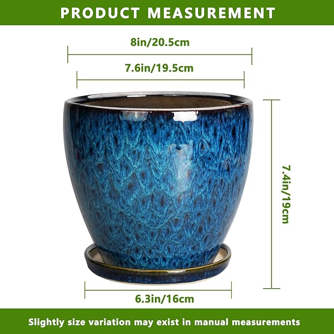 8 Inch Ceramic Planter Pot with Drainage Hole and Saucer, Ceraimc Plant Pot Round Flower Pot for Indoor Plants Outdoor Garden Planter, Blue