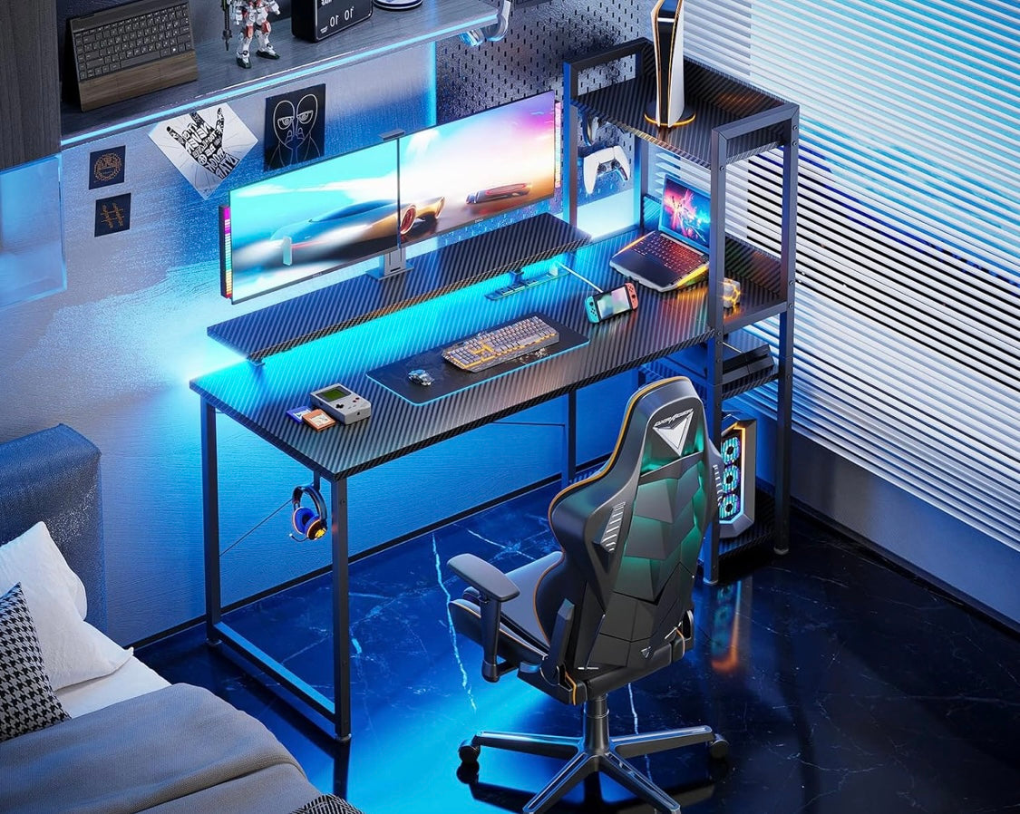 Gaming Desk with Power Outlets & Music Strip Lights,47In Reversible Computer Desk with Storages Shelves,Wooden Drawer& CPU Stand, PC Laptop Table with Large Monitor Stand for Home Office