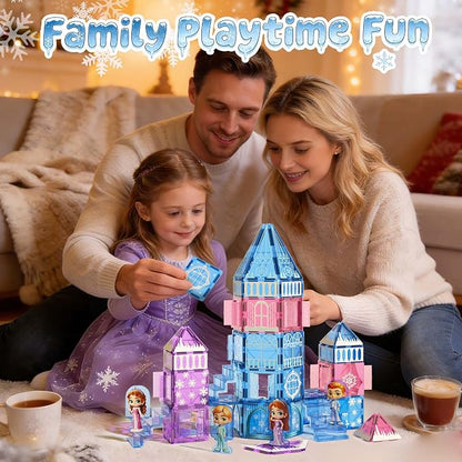 GobiDex 100PCS Magnetic Tiles Princess Castle with 4 Dolls & Stairs, Princess Magnetic Building Blocks for Kids Ages 3-5 4-8, Magnets Sensory Toddler Toys Birthday Gifts for 3+ Year Old Girls Boys