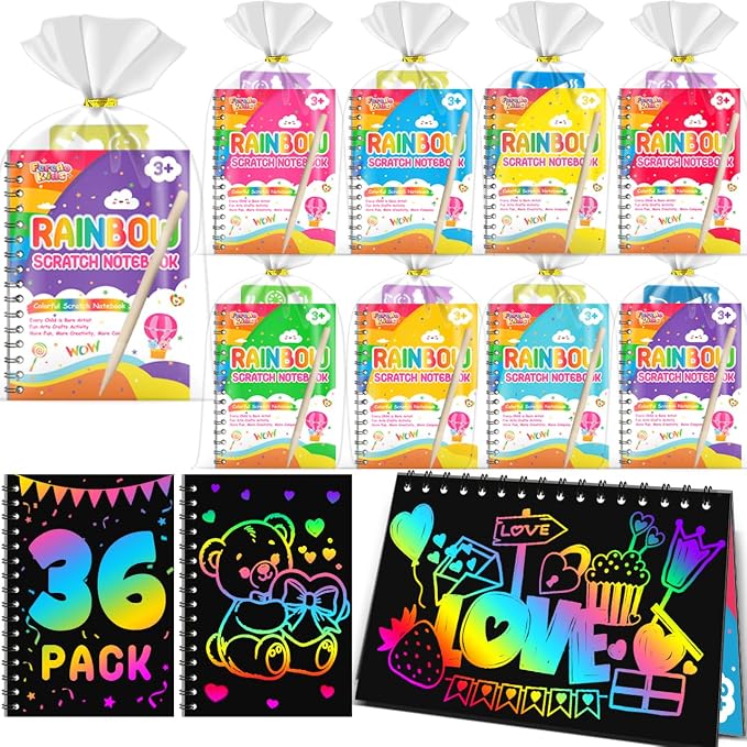 Scratch Paper Art Party Favors for Kids: 36 Pack Rainbow Scratch Notebook, Goodie Bags Stuffers Coloring Books Party Favors for Kids 3-12, Bulk Classroom Birthday Gifts for Student
