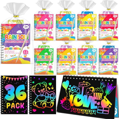 Scratch Paper Art Party Favors for Kids: 36 Pack Rainbow Scratch Notebook, Goodie Bags Stuffers Coloring Books Party Favors for Kids 3-12, Bulk Classroom Birthday Gifts for Student