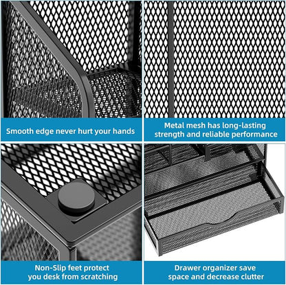 Marbrasse Mesh Pen Holder for Desk, Multi-Functional Pencil Organizer with Drawer, Desk Organizers and Accessories for Office Art Supplies (Black)