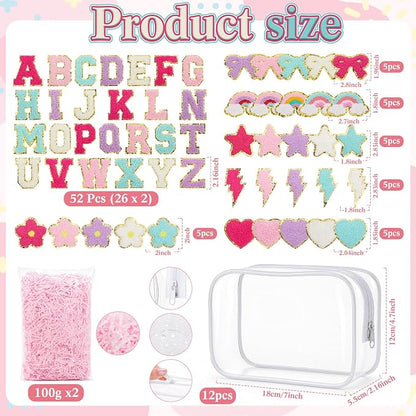 Kacctyen 96 Pcs DIY Clear Cosmetics Bags Kit Including 12 Clear PVC Makeup Bags, 82 Pcs Chenille Letter Patches Self-adhesive Stickers, 2 Crinkle Paper Filler for DIY Craft Sleepover Party Gifts