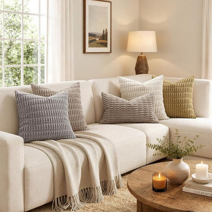 MIULEE Pack of 2 Corduroy Decorative Euro Sham Throw Pillow Covers 22x22 Inch Soft Boho Striped Pillow Covers Modern Farmhouse Home Decor for Sofa Living Room Couch Bed Light Brown