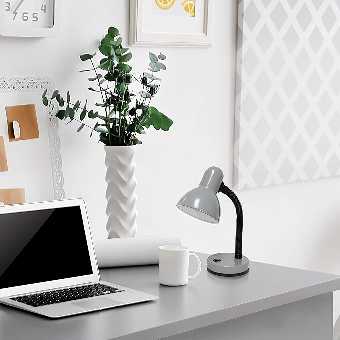 Simple Designs LD1003-SLV Basic Metal Desk Lamp with Flexible Hose Neck for Office, Living Room, Bedroom, College Dorm, Bookshelf, Silver