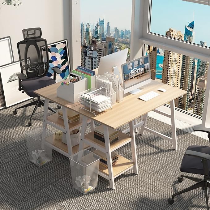 SogesHome Computer Desk 47inches Trestle Desk PC Desk with Shelf Office Desk Workstation for Home Office Use Writing Table,Maple