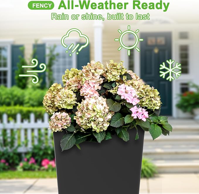 FENCY Set of 2 Tall Planters for Outdoor Plants, 24 Inch Large Tapered Pots with Drainage Trays, Weather-Resistant Plastic Plant Containers for Patio, Porch, Garden, Front Door Decor,Black