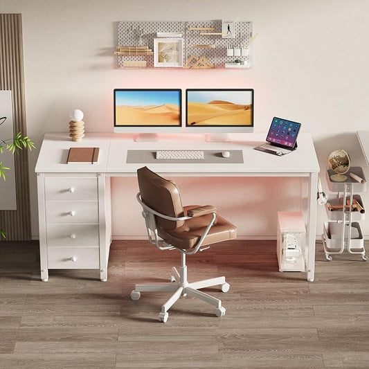 Lufeiya White Computer Desk with Drawers - 55 Inch Long Study Work Writing Desk for Home Office Bedroom, Reversible Simple Modern Cute PC Desks with Fabric Drawer, White