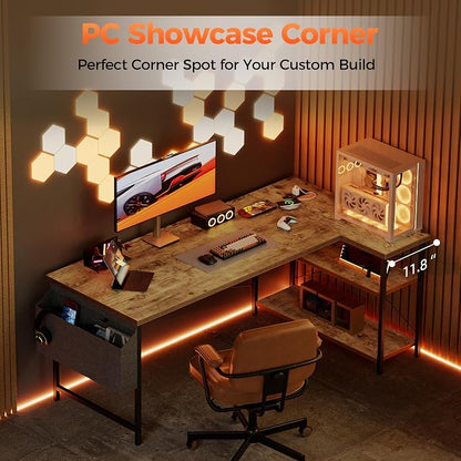 Mericonia 55 inch L Shaped Gaming Desk, Large Corner Desk with Shelves | Reversible Computer Desk with Power Outlets & Storage Bag, Office Table for Home Bedroom Study Work Writing