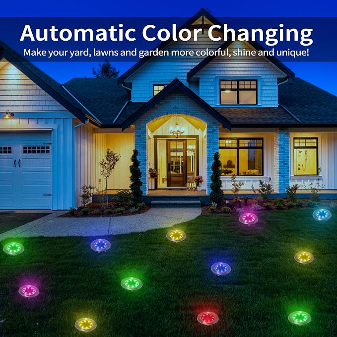 LYHOPE Solar Ground Light Outdoor, 16 Pack 8 LED Color Changing Solar Disk Lights Waterproof Garden In-ground Pathway Lights Landscape Lighting for Lawn,Yard,Deck,Patio,Walkway (RGB)