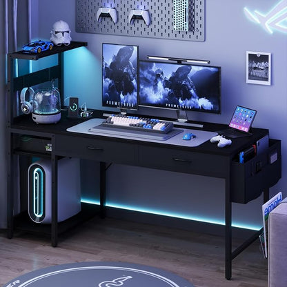 48 Inch Small Gaming Desk with Drawers & Led Lights & Storage Bag, Black | Reversible Storage Shelf, Power Outlets, Wood Grain Gaming Table, Compact Computer Desk for Small Space, Bedroom, Home Office