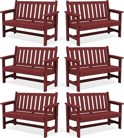 SERWALL Outdoor Bench, HDPE Outdoor Benches Weatherproof, 2-Person Garden Bench with 660 lbs Weight Capacity, Patio Benches for Outdoors, Garden, Porch, Backyard and Park, Red, 6 Pack