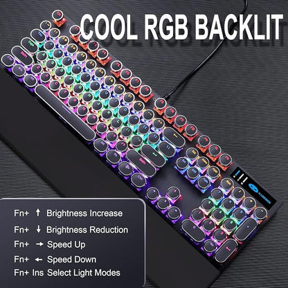 Camiysn Typewriter Style Mechanical Gaming Keyboard, Black Retro Punk Gaming Keyboard with RGB Backlit, 104 Keys Blue Switch Wired Cute Keyboards, Round Keycaps for Windows/Mac/PC