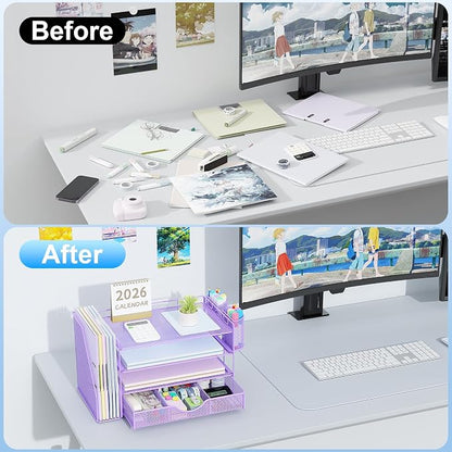 gianotter Desk Organizers and Accessories with File Holder, 4-Tier Desk Accessories & Workspace Organizers with Drawer and 2 Pen Holder, Paper Organizer for Office Supplies (Purple)