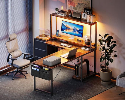 AODK L Shaped Desk Gaming Desk with LED Light & Power Outlet | 53 Inch Vintage Reversible L Shaped Computer Table with Shelf & Storage Bag & Hook for Home Office