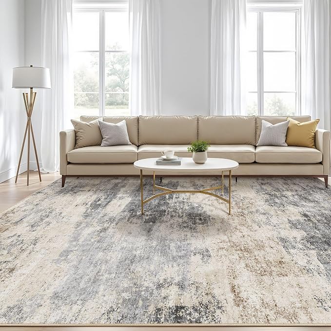 10x13 Area Rug Living Room: Washable Large Abstract Modern Soft Rugs Stain Resistant Indoor Floor Non Slip Accent Carpet for Bedroom Nursery Playroom Office Dining Room Dorm Home Decor- Gray Brown