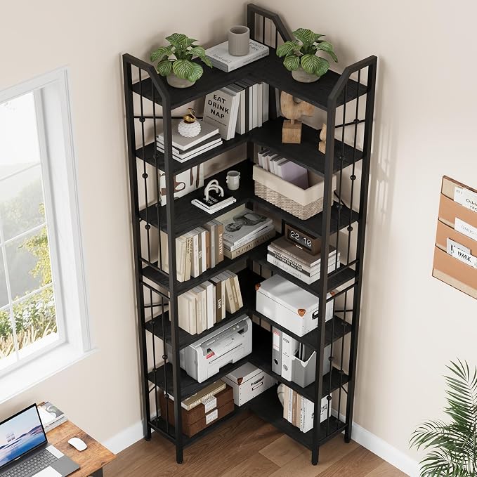 GarveeHome Corner Bookshelf 86" l Shaped Bookcase, Corner Bookshelves Black Bookcase 7 Tier l-Shape Bookshelf, Large Bookcases with Beaded Design Tall Display Rack Shelf for Living Room Bedroom