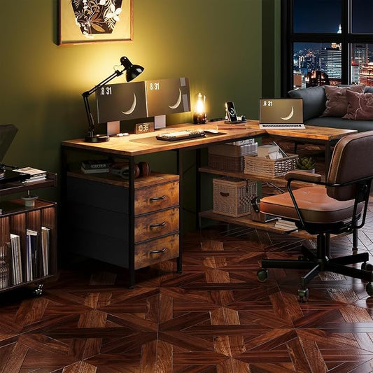 Alpen L Shaped Computer Desk, 47 Inch Corner Desk with Drawers and Power Outlets, Home Office Desk for Gaming, Study Writing PC Table with Storage and Reversible Shelf, Rustic Brown