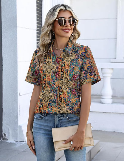 Zeagoo Button Down Shirts for Women Short Sleeve Collared Tops Dressy Casual V Neck Blouses