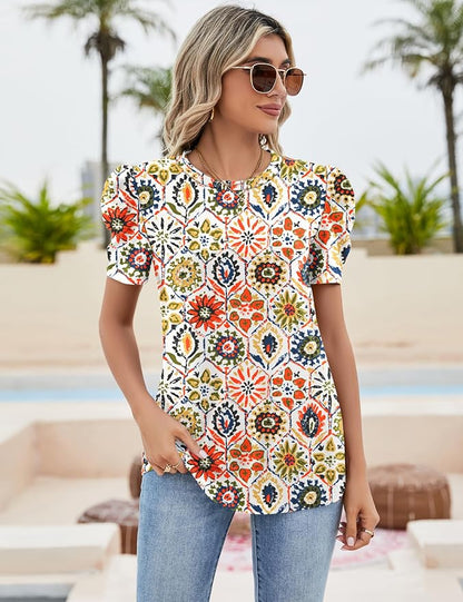 Ivicoer Puff Short Sleeve Shirt for Women Eyelet Tops Summer Crewneck Blouse Loose Fit S-XXL