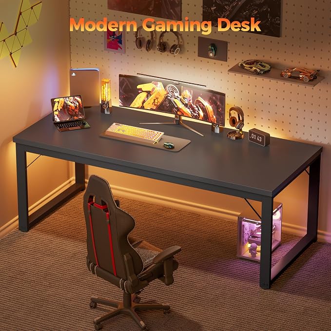 Mericonia 54 Inch Computer Desk, 1" Thick Large Office Table, Black | Modern Simple Style, Heavy Duty Industrial Frame, Study & Writing Table for Home Bedroom Work