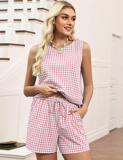 LOMON Women's Trendy 2 Piece Outfits Shorts Sets Summer Crew Neck Sleeveless Tank Top and Bottom Matching with Pockets 2026