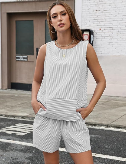 LOMON Women's Trendy 2 Piece Outfits Shorts Sets Summer Crew Neck Sleeveless Tank Top and Bottom Matching with Pockets 2026
