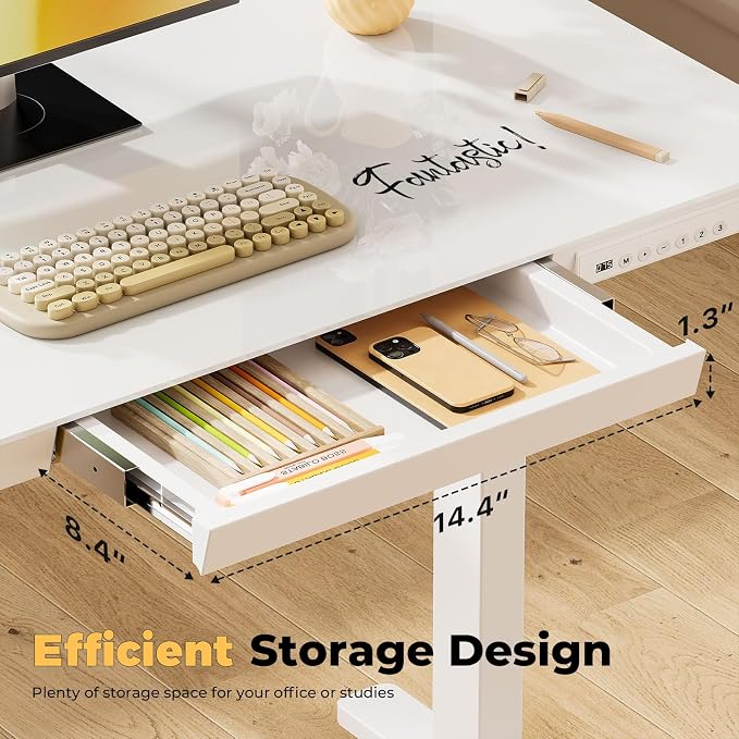 40" Glass Standing Desk with Drawer, Electric Stand up Desk | Height Adjustable Desk with One-Piece Tabletop & USB Charging Ports, Sit Stand Desk with Storage for Home Office, White