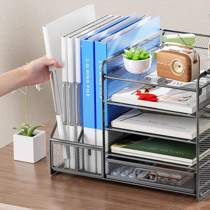 Marbrasse 5-Tier Paper Letter Tray Organizer with Drawer and Pen Holder, Mesh Desktop Organizer and Storage with Magazine Holder for Office Supplies (Grey)
