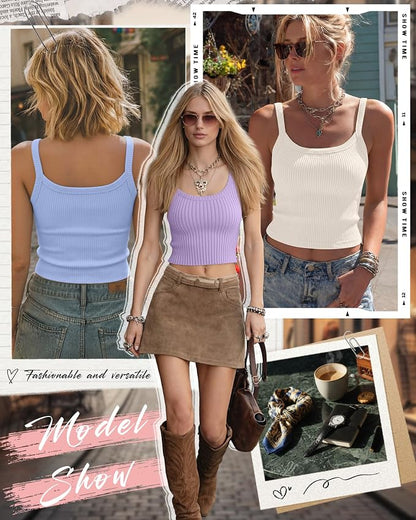 Ficerd 3 Pack Women's Tank Tops 95% Cotton Spaghetti Strap Ribbed Crop Camisole Slim Fitted Basic Summer Sleeveless Layer