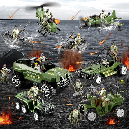 58-in-1 Army Men Toys for Boys 4-7 6-8 8-12, Military Truck/Helicopter/Kayak Boat/Motorcycle/Army Men Action Figures/Weapon Gears, Army Toys for Boys Kids Birthday Gifts Party Favors