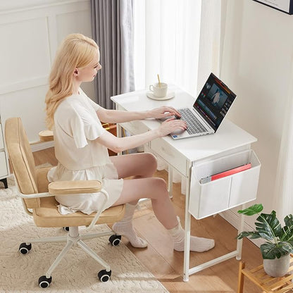 DUMOS 32" Home Office Computer Desk with Drawers, Small Gaming Writing Study Table with Storage Side Bag, Headphone Hook and Adjustable Feet for Bedroom White | Home Office Desk for Bedroom, Gaming Writing Study Desk with Adjustable Feet