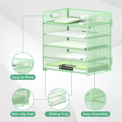 Supeasy 5 Trays Paper Organizer Letter Tray with Handle-Mesh Desk File Holders, Paper Sorter Desk Organizer for Office, Home, Classroom or School(Mint Green)