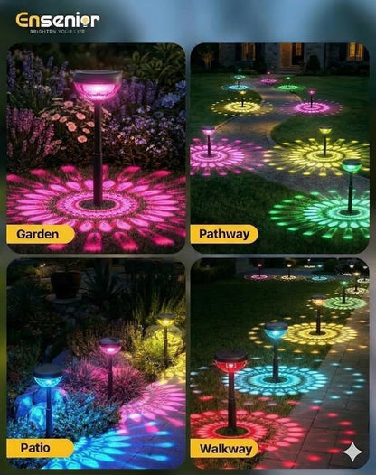 Ensenior Solar Pathway Lights IP65 Waterproof, RGB Color Changing & 6500K Cool White, 8-16Hr Runtime, Flower Pattern Garden Lights for Walkway Porch Yard - 6 Pack