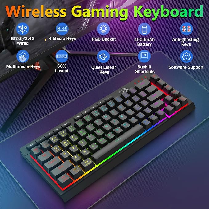 Redragon Wireless Gaming Keyboard and Mouse Combo, 60% Portable, Black | Bluetooth/2.4G/USB-C Wired, RGB Backlit, Quiet Rechargeable Macro Membrane Keyboard & 12800 DPI Mouse for Win/MAC