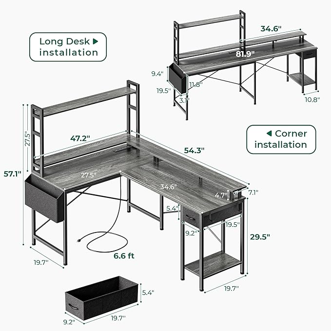 L Shaped Desk Computer Desk with LED Lights & Power Outlets, Gaming Desk with Storage Shelves, Corner Desk Home Office Desks for Bedroom, Grey