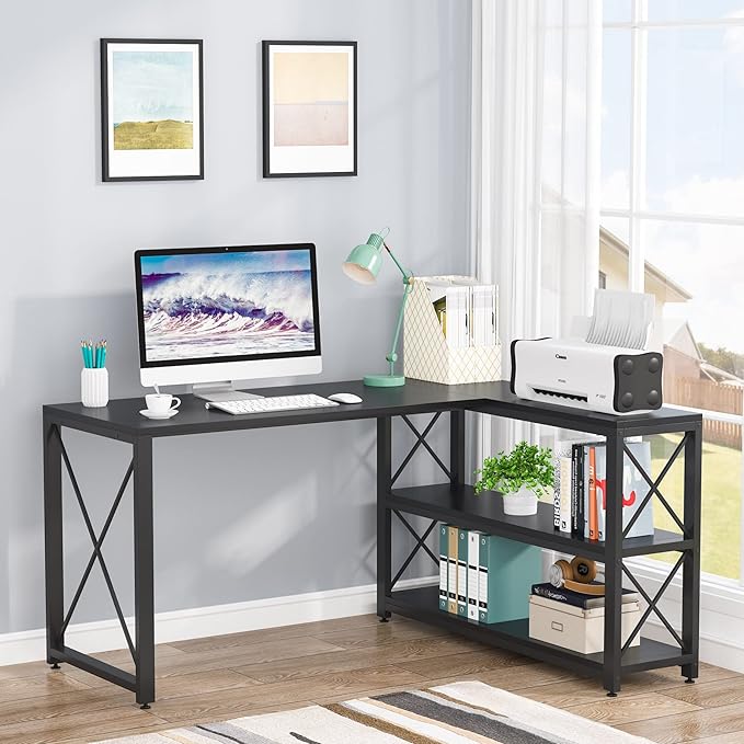 Tribesigns Reversible Industrial L-Shaped Desk with Storage Shelves, Corner Computer Desk PC Laptop Study Table Workstation for Home Office Small Space (Black, 53")