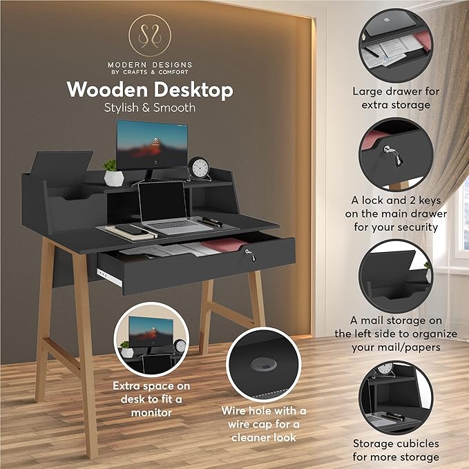 Roma Writing Desk - Elegant Wood Study Desk With Storage, Cable Holes & Drawers - Work Table for Home, Office, Dorm, Small Spaces - Compact Black Desk, 40x19x36.9” (black)
