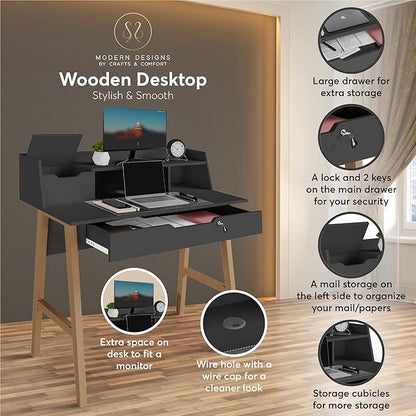 Roma Writing Desk - Elegant Wood Study Desk With Storage, Cable Holes & Drawers - Work Table for Home, Office, Dorm, Small Spaces - Compact Black Desk, 40x19x36.9” (black)