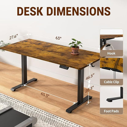 Veken Standing Desk, 63×27.6 Inch Electric Gaming Table, Brown | Height Adjustable Sit Stand Up Computer Tables for Home Office, Study , Writing, Suit students, employees and group work
