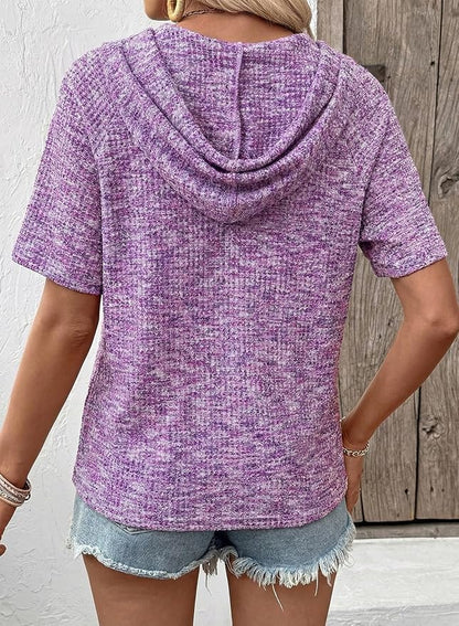 Dokotoo Womens Summer Tops 2026 Short Sleeve Button V Neck Waffle Knit Lightweight Drawstring Hoodies Casual Blouses Shirts