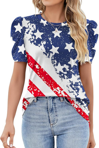 Ivicoer Puff Short Sleeve Shirt for Women Eyelet Tops Summer Crewneck Blouse Loose Fit S-XXL