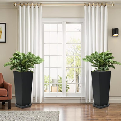 FENCY Set of 2 Tall Planters for Outdoor Plants, 24 Inch Large Tapered Pots with Drainage Trays, Weather-Resistant Plastic Plant Containers for Patio, Porch, Garden, Front Door Decor,Black