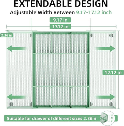 Marbrasse Expandable Desk Drawer Organizer, Mesh Drawer Organizer Tray with 10 Adjustable Compartments, Desk Organizers and Accessories for Office Supplies, Makeup & Vanity (Expandable-Green)