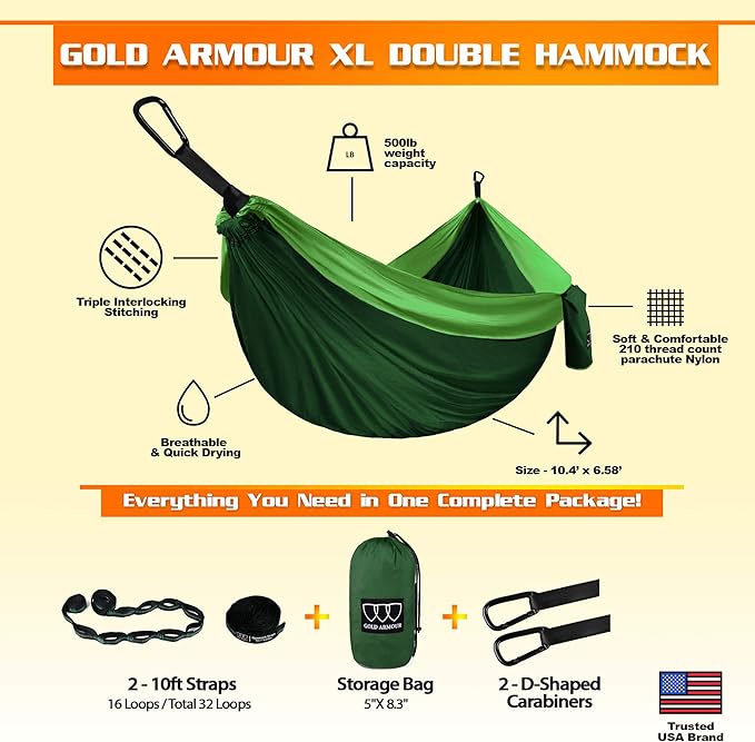 Gold Armour Camping Hammock - XL Double Hammock Portable Hammock Camping Accessories Gear for Outdoor Indoor with Tree Straps, USA Based Brand (Green)