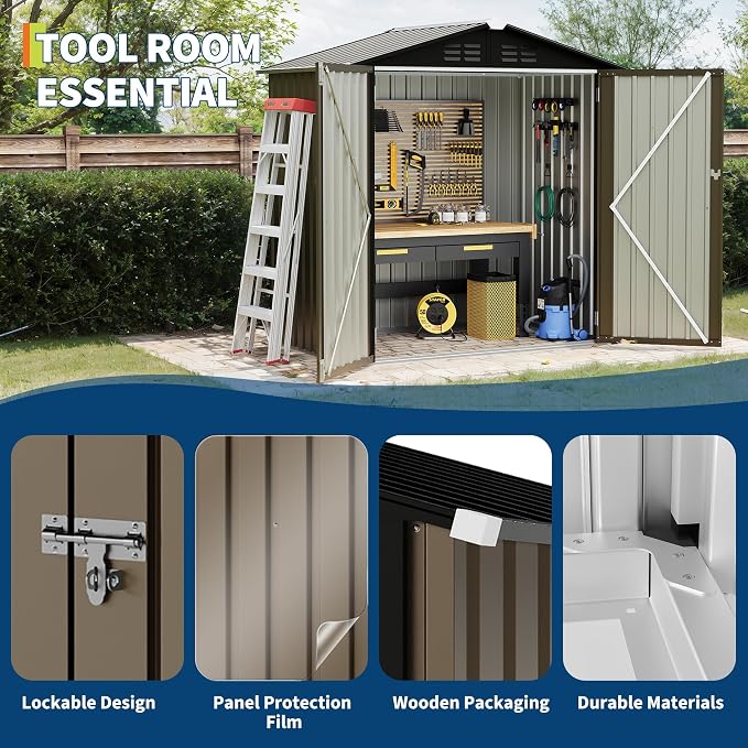 6X4 FT Outdoor Storage Shed, Galvanized Steel Outdoor Storage Shed, 130 Cu Ft Weather Resistant Garden Tool Sheds with Door & Sloped Roof, Multi-Use Shed for Bikes