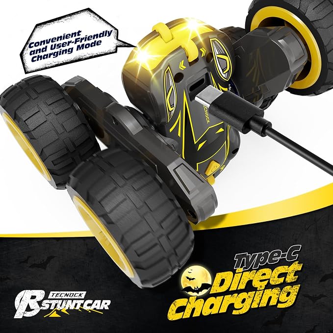 Tecnock Remote Control Car for Kids, 2.4GHz RC Cars with USB-C Easy Charging, 4WD Double Sided 360° Rotates and Flips RC Stunt Car, Toys Gift for Boys and Girls Ages 6-8, 8-12